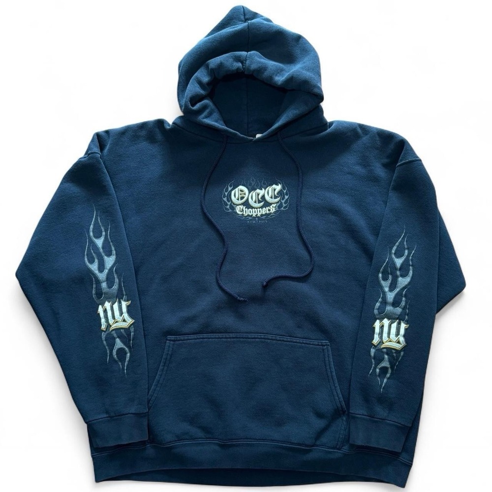 Vintage OCC Orange Country Choppers Navy Biker Flames Sleeve Hoodie XL New York